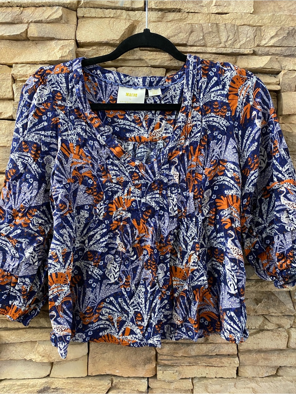 Maeve Navy, Orange & White Botanical, Animal Print Pullover Blouse XS